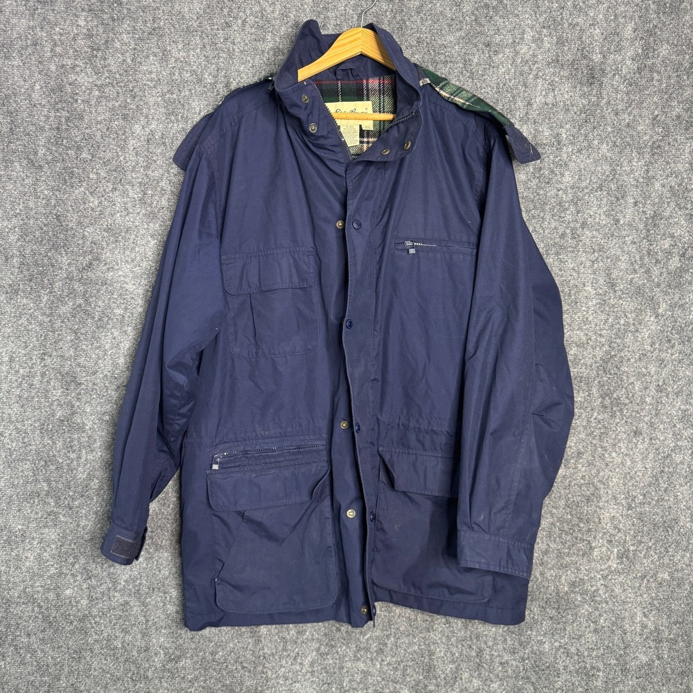 Eddie Bauer Men Coat L/G Blue Plaid Lined Hooded Flannel Lined Field Jacket Coat